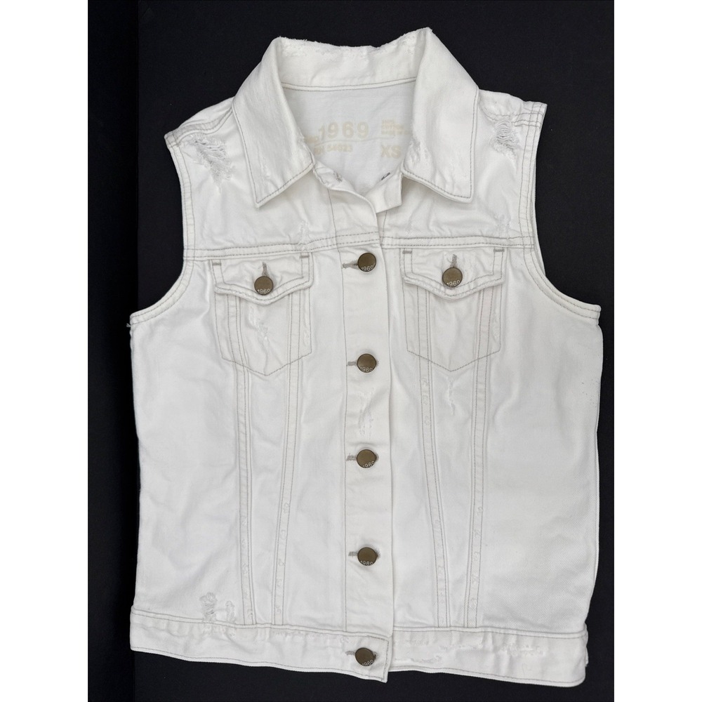 VTG Y2k GAP 1969 White Distressed Denim Sleeveless Jean‎ Jacket  Sz XS